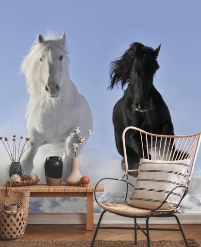 Black and White Horse Leaping over Snow Hill Mural