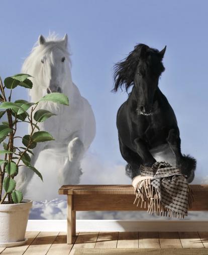 Black and White Horse Leaping over Snow Hill Mural