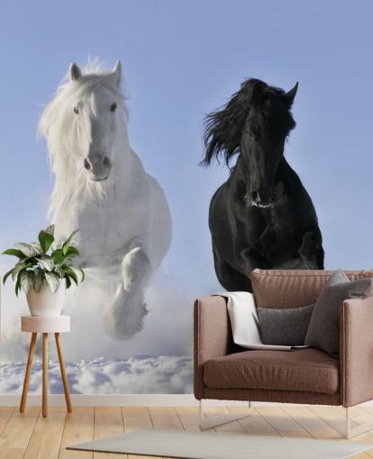Black and White Horse Leaping over Snow Hill Mural