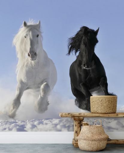Black and White Horse Leaping over Snow Hill Mural