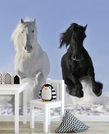 Black and White Horse Leaping over Snow Hill Mural