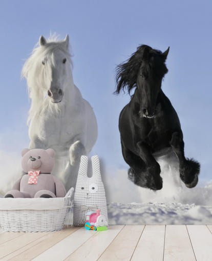 Cavalo preto e branco pulando sobre Snow Hill Mural