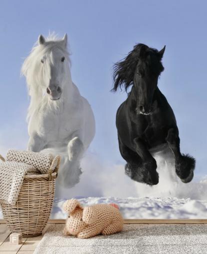 Black and White Horse Leaping over Snow Hill Mural
