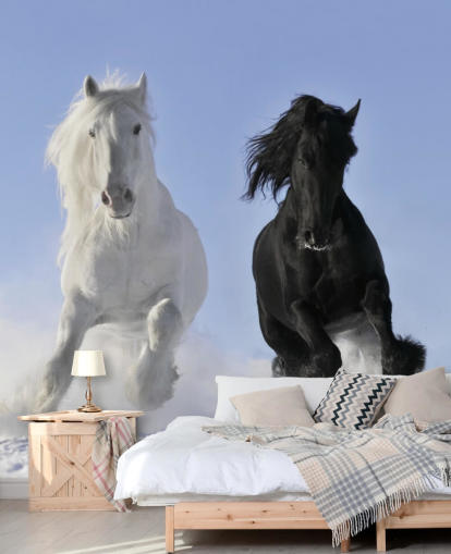 Black and White Horse Leaping over Snow Hill Mural Black and White Horse Leaping over Snow Hill Mural