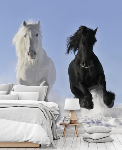 Black and White Horse Leaping over Snow Hill Mural