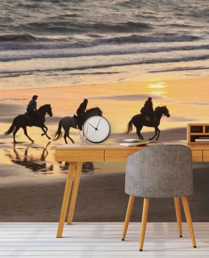 Heste Kører på en Sunset Beach Baggrund