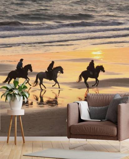 Paarden rennen op een Sunset Beach Wallpaper Paarden rennen op een Sunset Beach Wallpaper