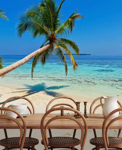 blue and sandy tropical beach wallpaper mural called Palm Fringed Beach for homes and businesses