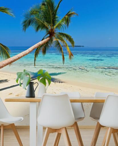 mural de papel pintado de playa tropical azul y arena llamado Palm Fringed Beach para hogares y negocios