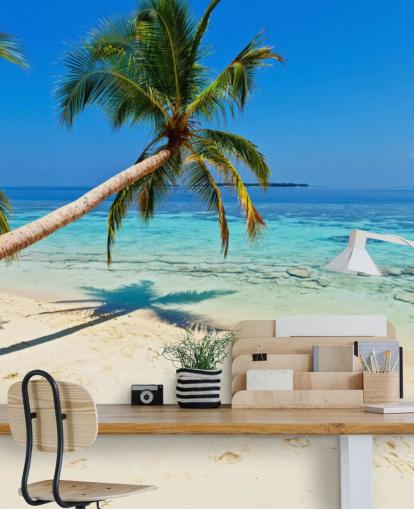 blue and sandy tropical beach wallpaper mural called Palm Fringed Beach for homes and businesses
