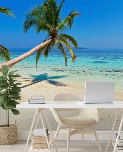 blue and sandy tropical beach wallpaper mural called Palm Fringed Beach for homes and businesses