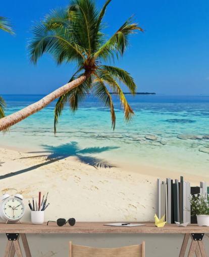 blue and sandy tropical beach wallpaper mural called Palm Fringed Beach for homes and businesses