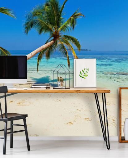 blue and sandy tropical beach wallpaper mural called Palm Fringed Beach for homes and businesses