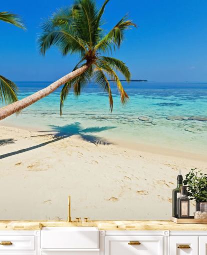 blue and sandy tropical beach wallpaper mural called Palm Fringed Beach for homes and businesses