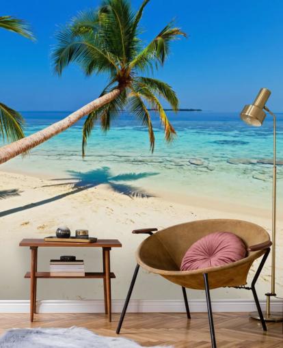 mural de papel pintado de playa tropical azul y arena llamado Palm Fringed Beach para hogares y negocios