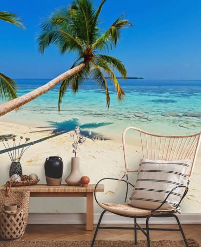 mural de papel pintado de playa tropical azul y arena llamado Palm Fringed Beach para hogares y negocios
