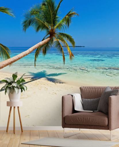 blue and sandy tropical beach wallpaper mural called Palm Fringed Beach for homes and businesses