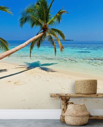 blue and sandy tropical beach wallpaper mural called Palm Fringed Beach for homes and businesses