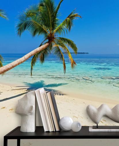 blue and sandy tropical beach wallpaper mural called Palm Fringed Beach for homes and businesses
