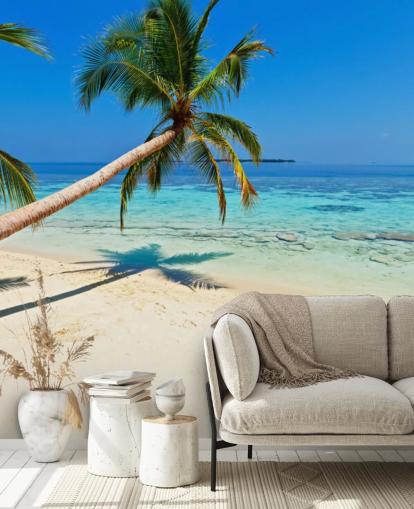 mural de papel pintado de playa tropical azul y arena llamado Palm Fringed Beach para hogares y negocios
