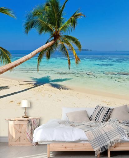 mural de papel pintado de playa tropical azul y arena llamado Palm Fringed Beach para hogares y negocios