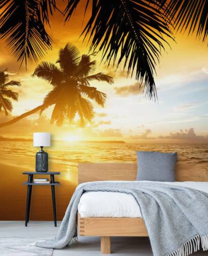 Orange Sunset Palm Tree Beach Wallpaper