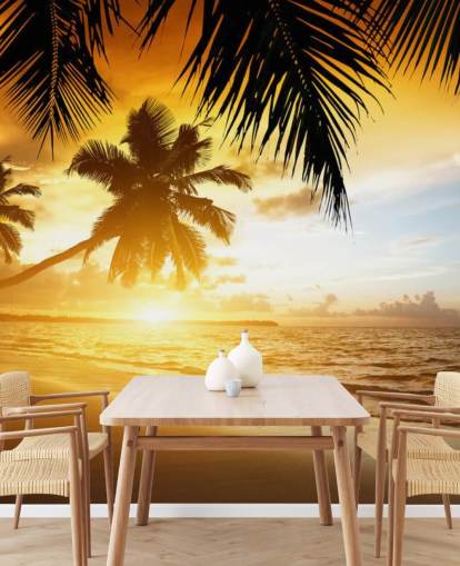 Orange Sunset Palm Tree Beach Wallpaper