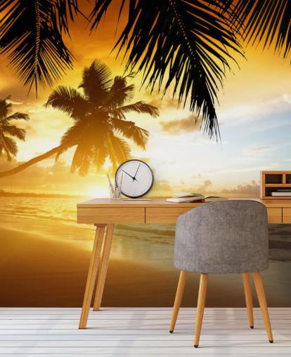 Orange Sunset Palm Tree Beach Wallpaper