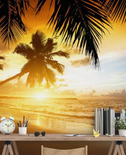 Orange Sunset Palm Tree Beach Wallpaper