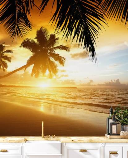 Orange Sunset Palm Tree Beach Wallpaper