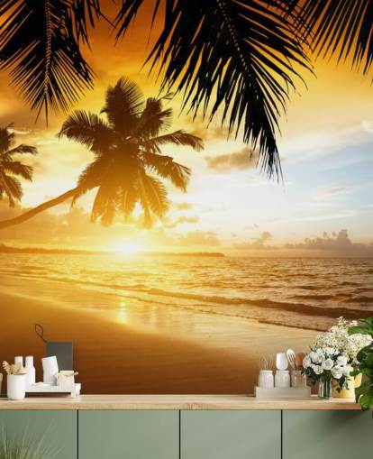 Papier peint Orange Sunset Palm Tree Beach