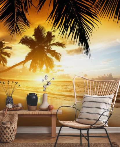 Orange Sunset Palm Tree Beach Wallpaper