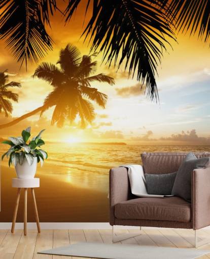 Oranje zonsondergang met palmboom en strandbehang Oranje zonsondergang met palmboom en strandbehang