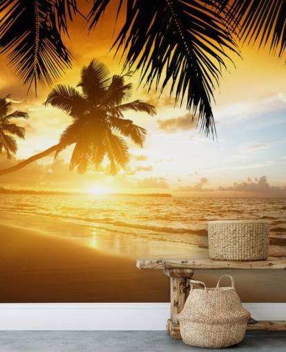 Orange Sunset Palm Tree Beach Wallpaper