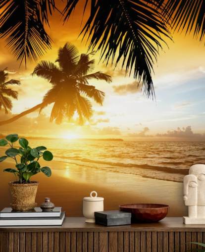 Orange Sunset Palm Tree Beach Wallpaper