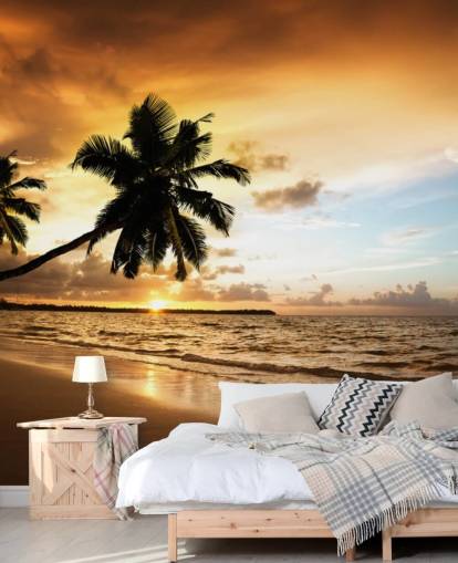 Zonsondergang op een tropische strandmuurschildering Zonsondergang op een tropische strandmuurschildering