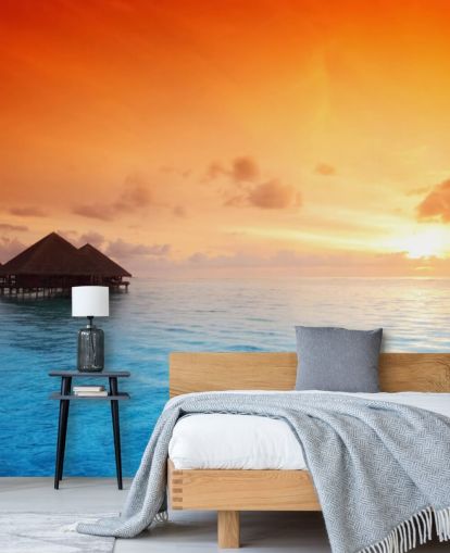 Fondo de pantalla de Sunset Beach y bungalow sobre el agua Fondo de pantalla de Sunset Beach y bungalow sobre el agua