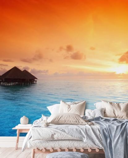 Papel de Parede Sunset Beach and Over Water Bungalow Papel de Parede Sunset Beach and Over Water Bungalow
