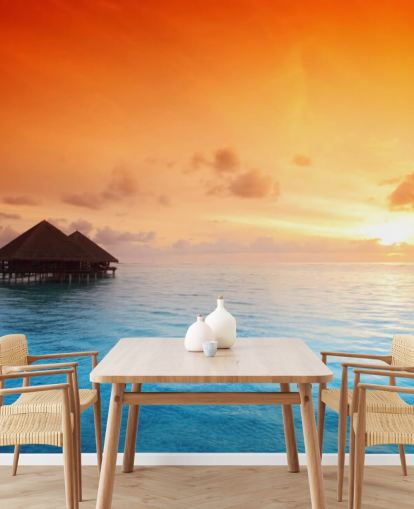 Sunset Beach and Over Water Bungalow Wallpaper Sunset Beach and Over Water Bungalow Wallpaper