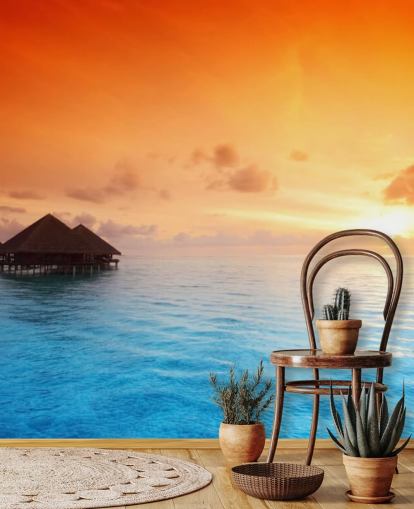 Sunset Beach and Over Water Bungalow Wallpaper Sunset Beach and Over Water Bungalow Wallpaper