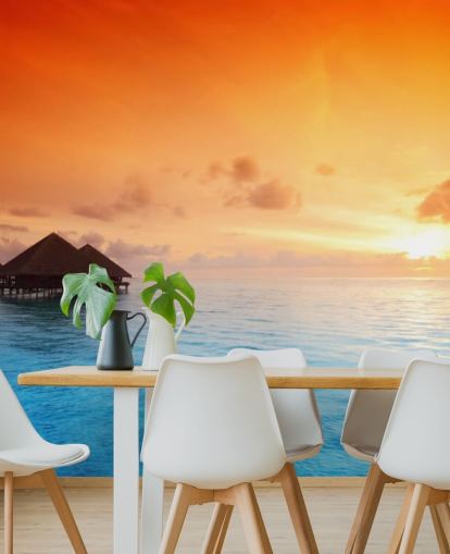 Sunset Beach and Over Water Bungalow Wallpaper