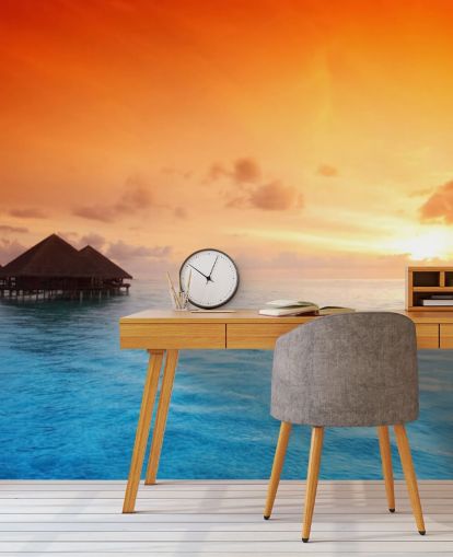 Sunset Beach and Over Water Bungalow Wallpaper