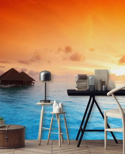 Fondo de pantalla de Sunset Beach y bungalow sobre el agua