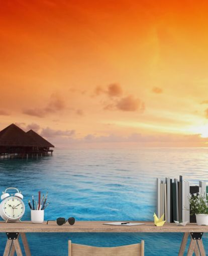 Sunset Beach and Over Water Bungalow Wallpaper