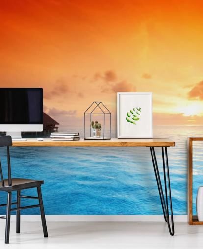 Sunset Beach and Over Water Bungalow Wallpaper