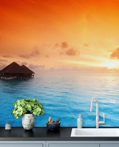 Fondo de pantalla de Sunset Beach y bungalow sobre el agua