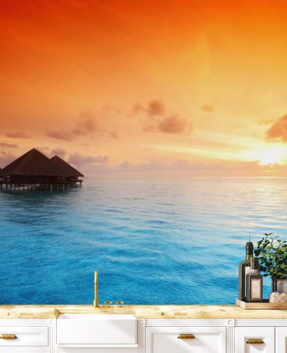 Sunset Beach and Over Water Bungalow Wallpaper