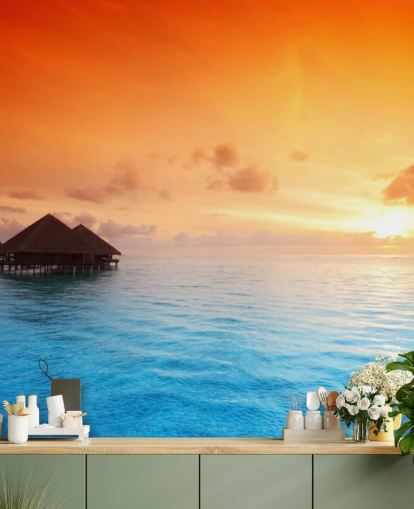 Sunset Beach and Over Water Bungalow Wallpaper