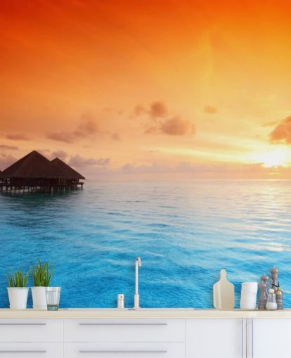 Sunset Beach och över vatten Bungalow Bakgrund