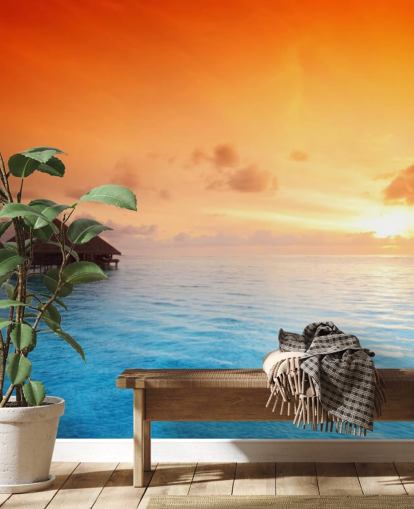 Sunset Beach and Over Water Bungalow Wallpaper